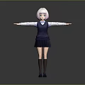 Anime Girl With White Short Hair Blue Eyes Dark Blue Vest Pleated Skirt Arms Outstretched