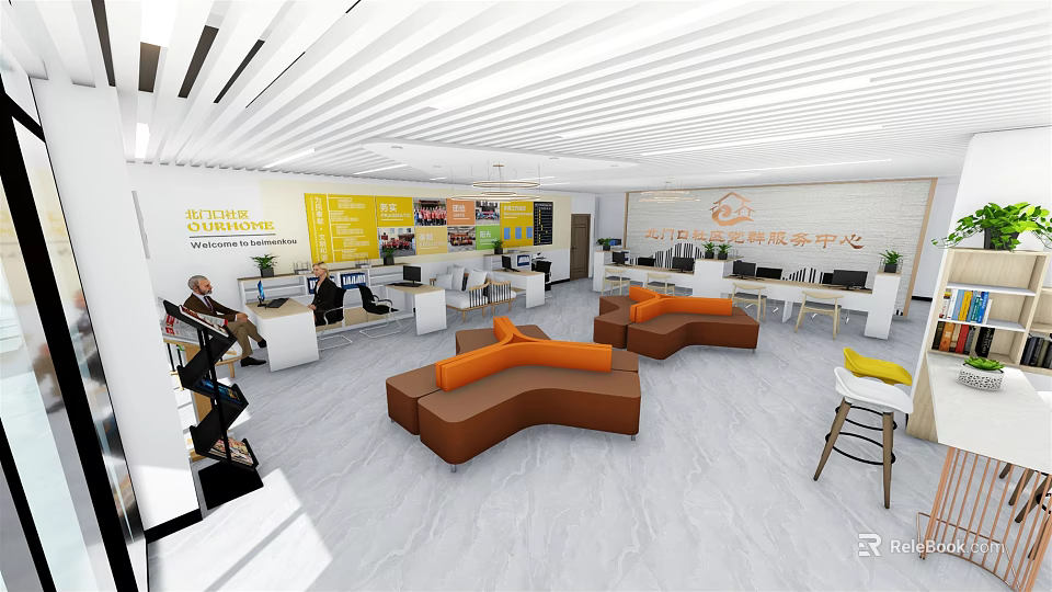 Bright Modern Public Service Hall Interior With Orange Sofas Desks And Information Displays 3d model 