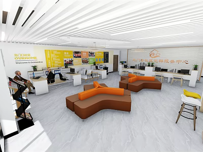 Bright Modern Public Service Hall Interior With Orange Sofas Desks And Information Displays 3d model