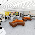 Bright Modern Public Service Hall Interior With Orange Sofas Desks And Information Displays