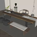 Minimalist Wooden Tea Table And Chairs With Tea Set Stools And Bench In Natural Light