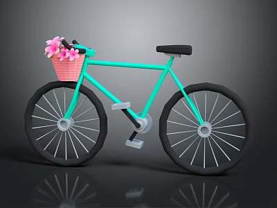 Turquoise Bicycle With Pink Basket Holding Pink Flowers Black Seat And Wheels 3d model