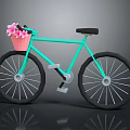 Turquoise Bicycle With Pink Basket Holding Pink Flowers Black Seat And Wheels