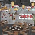 Traditional Chinese Style Hotpot Restaurant with Red Lanterns Wooden Tables and Wall Decorations