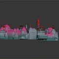 Colorful Whimsical Cartoon Scene With Pink White Geometric Buildings Red Umbrella Structures And Green Towers