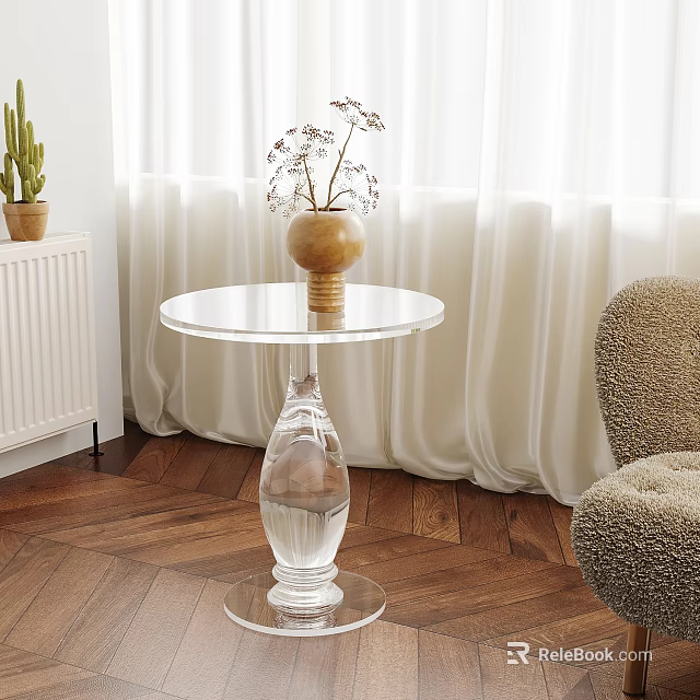 Clear Glass Round Top Side Table With Wooden Vase Dried Flowers White Curtains Furry Chair 3d model 