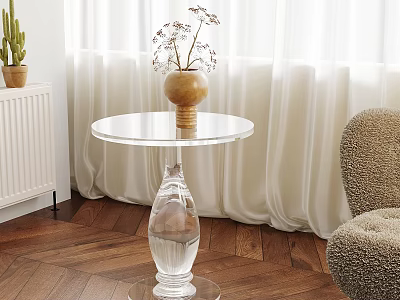 Clear Glass Round Top Side Table With Wooden Vase Dried Flowers White Curtains Furry Chair 3d model