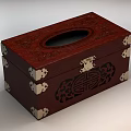 Wooden Carved Tissue Box With Decorative Patterns And Metal Accents For Household Use