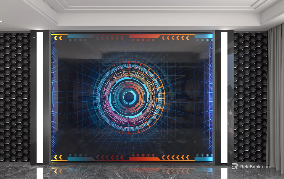 Futuristic Tech Inspired Background Wall With Circular Pattern Colorful Lights And Grid Lines 3d model 