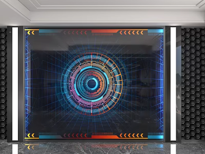 Futuristic Tech Inspired Background Wall With Circular Pattern Colorful Lights And Grid Lines 3d model