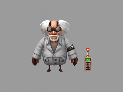 Cartoon Scientist Game Character with White Beard Goggles and Gray Coat Near Device 3d model