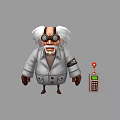 Cartoon Scientist Game Character with White Beard Goggles and Gray Coat Near Device