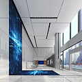 Modern Front Desk Reception Area With Digital Wall Display Glass Windows And Spacious Hallway