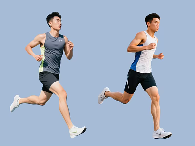 Two Men Running In Sports Vests And Shorts On Blue Background 3d model