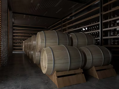 Wine Cellar Interior With Wooden Barrels Wooden Racks And Wine Bottles 3d model