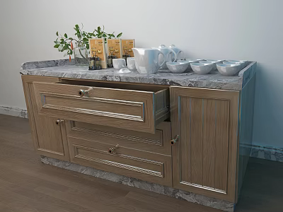 Wooden Sideboard With Marble Countertop Open Drawer Tea Boxes White Teapot Bowls And Green Plant 3d model