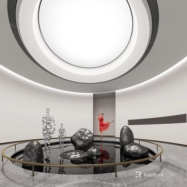 Indoor Landscape With Circular Skylight Water Pool Silver Sculptures And Woman In Red Dress Dancing 3d model 
