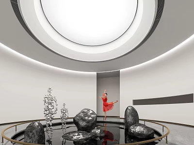 Indoor Landscape With Circular Skylight Water Pool Silver Sculptures And Woman In Red Dress Dancing 3d model