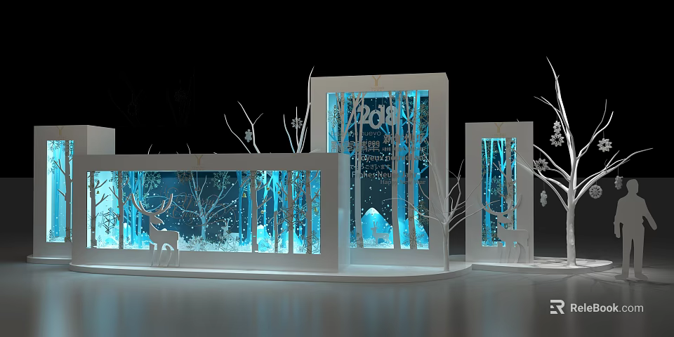 2024 Winter Themed Display Setup With White Frames Blue Lighting Trees And Deer 3d model