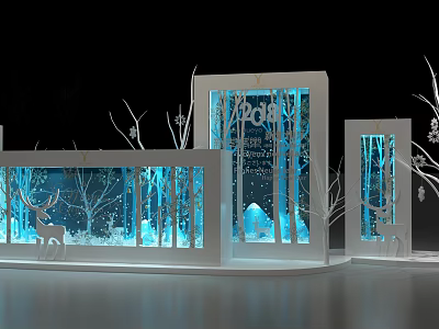 2024 Winter Themed Display Setup With White Frames Blue Lighting Trees And Deer 3d model
