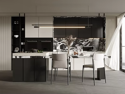 Modern Restaurant Kitchen Interior With Black White Cabinets Marble Island Countertop Chairs And Pendant Lights 3d model