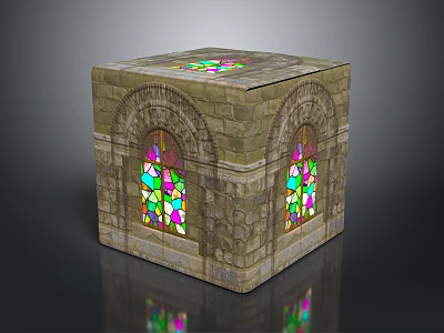 Antique Stone Cube Structure With Arched Stained Glass Windows Design 3d model