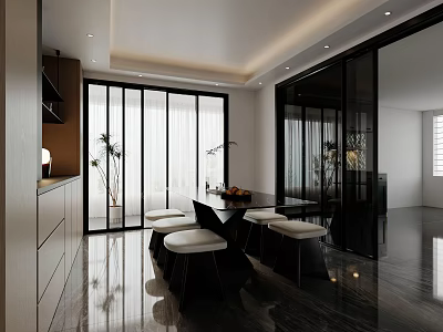 Modern Restaurant Interior With Black Dining Table White Stools Marble Floor Plants And Bright Lighting 3d model