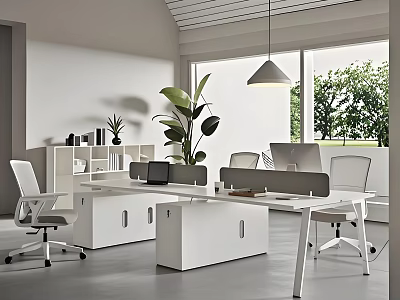 Modern Public Office Space With Open Layout White Desks Ergonomic Chairs And Green Plants 3d model