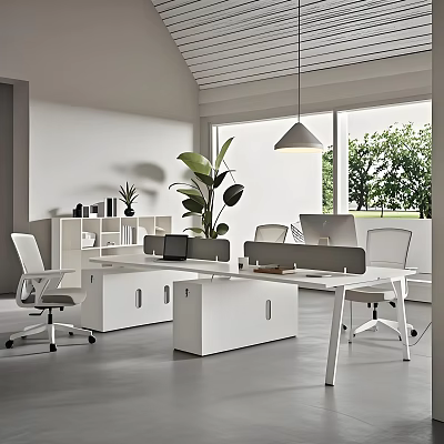 Modern Public Office Space With Open Layout White Desks Ergonomic Chairs And Green Plants 3d model