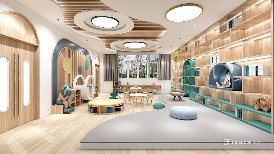 Kindergarten Interior With Wooden Bookshelves Circular Lights Natural Light And Soft Play Area 3d model 