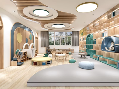 Kindergarten Interior With Wooden Bookshelves Circular Lights Natural Light And Soft Play Area 3d model