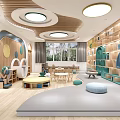Kindergarten Interior With Wooden Bookshelves Circular Lights Natural Light And Soft Play Area