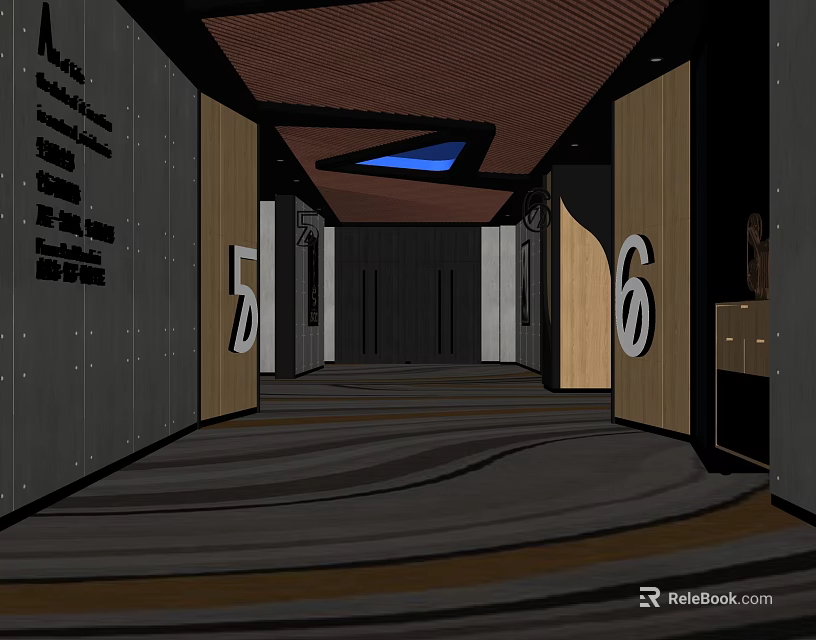 Modern Elevator Lobby With Wooden Ceiling Wavy Carpet And Numbered Doors 5 6 3d model