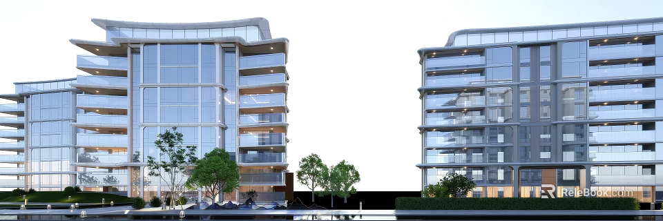 Modern Detached Villa With Large Glass Windows Balconies Surrounding Trees And Water Features 3d model 