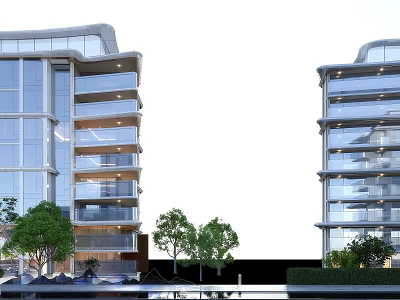 Modern Detached Villa With Large Glass Windows Balconies Surrounding Trees And Water Features 3d model