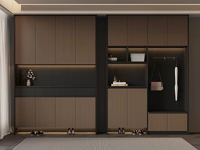 Modern Shoe Cabinet With Wooden Storage Compartments Decorative Vase And Hanging Rack 3d model