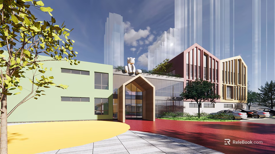 Modern Colorful School Building With Green Red Yellow Facades Trees And Spacious Outdoor Area 3d model 