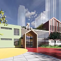 Modern Colorful School Building With Green Red Yellow Facades Trees And Spacious Outdoor Area