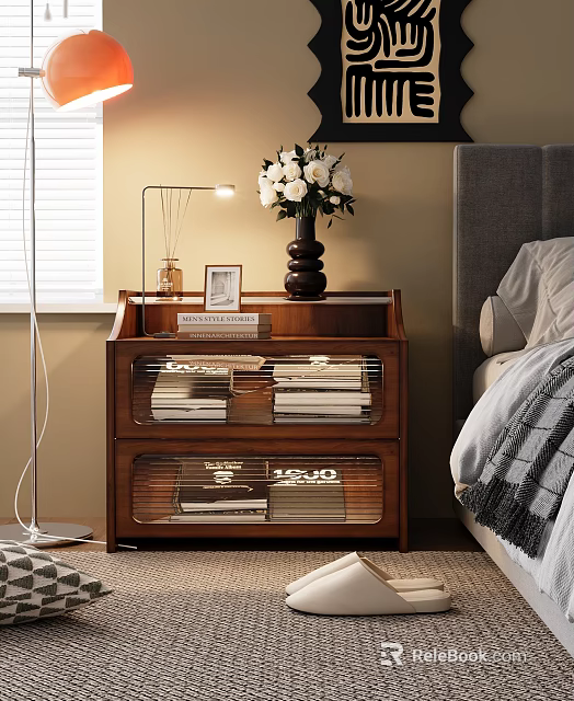 Wooden Bedside Table with Glass Door Drawers Books Vase Photo Frame and Table Lamp 3d model 