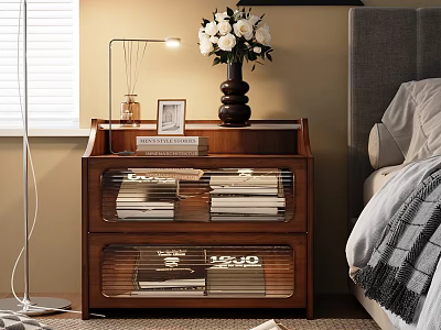 Wooden Bedside Table with Glass Door Drawers Books Vase Photo Frame and Table Lamp 3d model