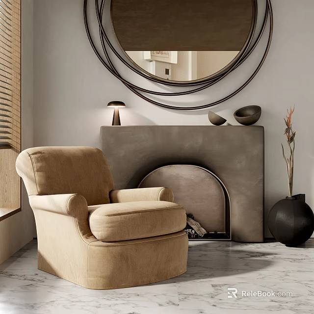 Beige Upholstered Single Sofa In Living Room With Fireplace Round Mirror 3d model 