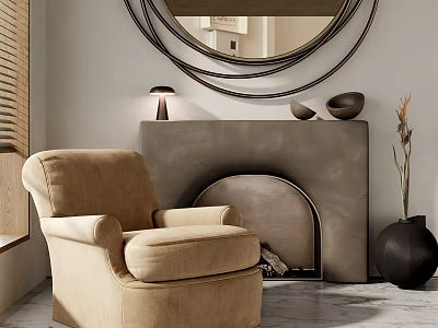 Beige Upholstered Single Sofa In Living Room With Fireplace Round Mirror 3d model