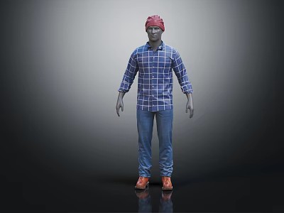 Mannequin Wearing Red Beanie Blue White Plaid Shirt Blue Jeans And Orange Shoes 3d model