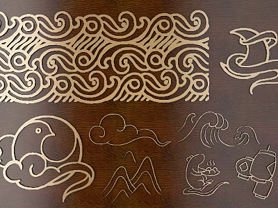 Intricate Traditional Carvings With Wave Patterns Cloud Motifs And Bird Designs On Wooden Surface 3d model