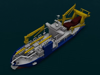 Work Vessel With Blue White Hull Yellow Cranes and Deck Equipment 3d model