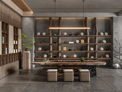 Traditional Tea Room Interior With Wooden Shelves Tea Sets Long Table Hanging Lamps And Plants 3d model