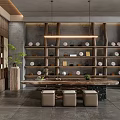 Traditional Tea Room Interior With Wooden Shelves Tea Sets Long Table Hanging Lamps And Plants