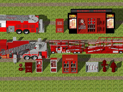 Various Fire Equipment Including Fire Trucks Cabinets And Hydrants On 3d model