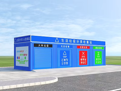 Aerial View Planning of Domestic Waste Sorting Collection Point with Colorful Bins and Signage 3d model
