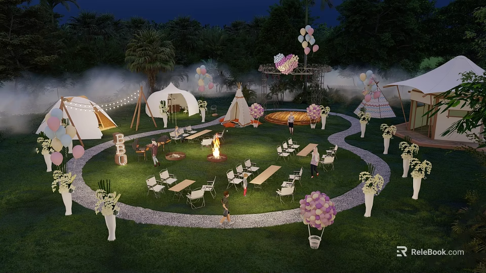 Charming Outdoor Garden Decor With Tents Bonfire Balloons And Flower Arrangements 3d model 